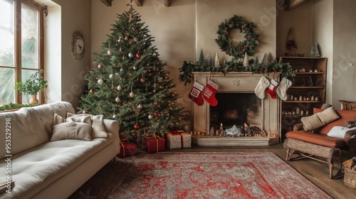  A cozy living room with a modestly decorated Christmas tree. photo