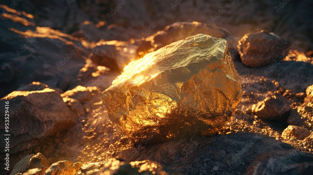 The pure gold ore found in the mine on a stone floor The pure gold ore found in the mine on a stone floor