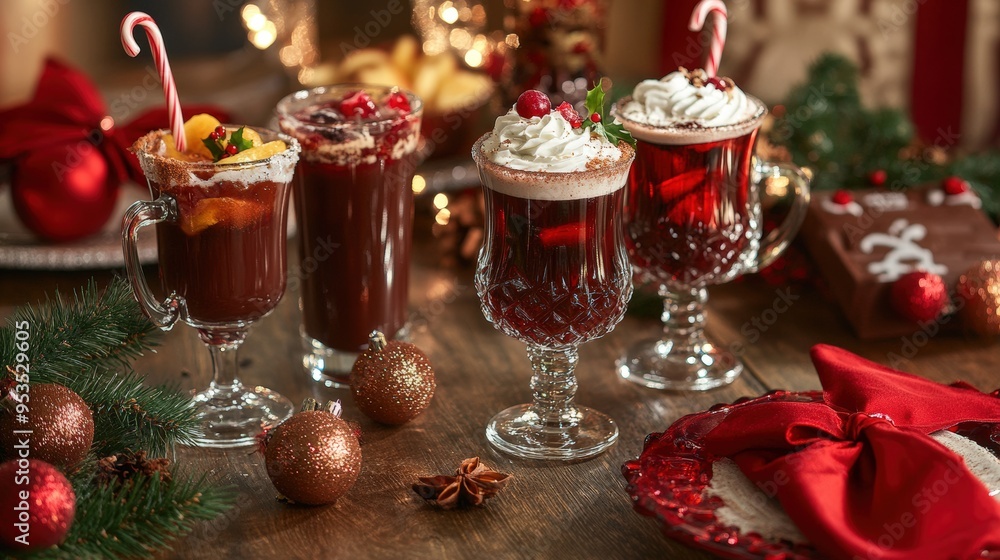 A festive table set with a selection of holiday drinking A festive table set with a selection of holiday drinking