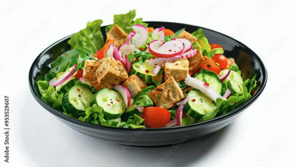 A plate of Fattoush salad, featuring a mix of fresh, crisp vegetables like cucumbers, tomatoes, radishes, and lettuce, isolated on white background A plate of Fattoush salad, featuring a mix of fresh, crisp vegetables like cucumbers, tomatoes, radishes, and lettuce, isolated on white background