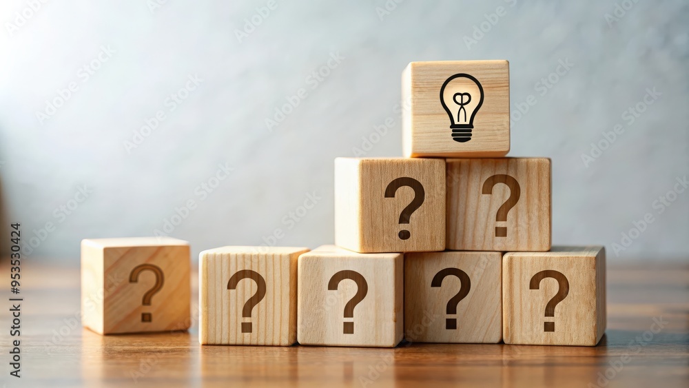 Wooden blocks with question marks and lightbulb symbol on top representing brainstorming, creative problem solving, innovation ideas, and decision making concepts in business and education.
Wooden blocks with question marks and lightbulb symbol on top representing brainstorming, creative problem solving, innovation ideas, and decision making concepts in business and education.