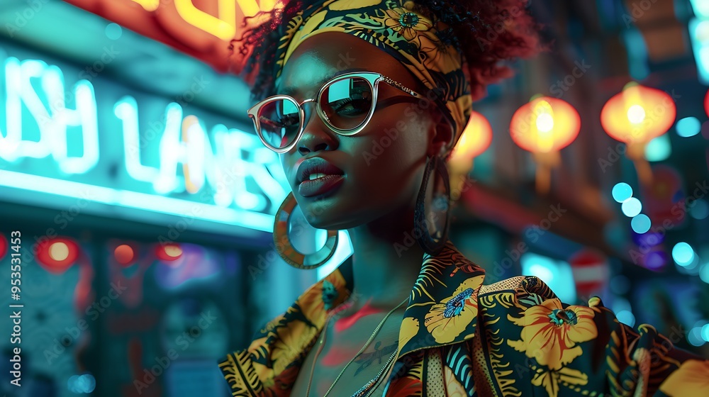 A fashion-forward model wearing a modern outfit with retro-inspired accessories, set against a backdrop of neon lights and vintage signs, capturing the essence of The New Nostalgia. 8k UHD, A fashion-forward model wearing a modern outfit with retro-inspired accessories, set against a backdrop of neon lights and vintage signs, capturing the essence of The New Nostalgia. 8k UHD,