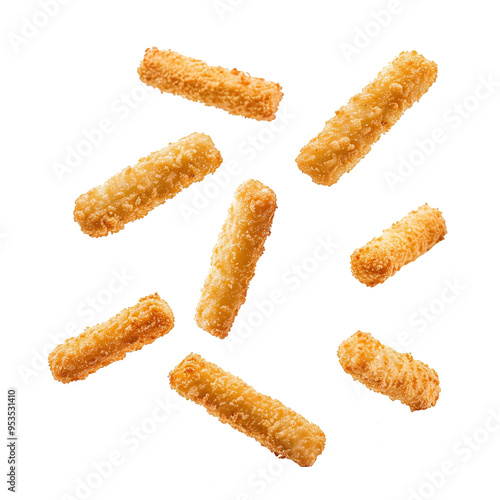 Floating breaded cheese sticks on transparent background PNG photo