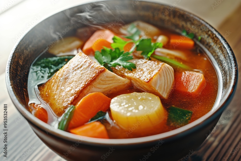 A bowl of soup with vegetables and meat A bowl of soup with vegetables and meat
