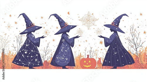 Halloween Astrology Zodiac Witches Zodiac witches casting spells, astrology-inspired Halloween, flat design illustration