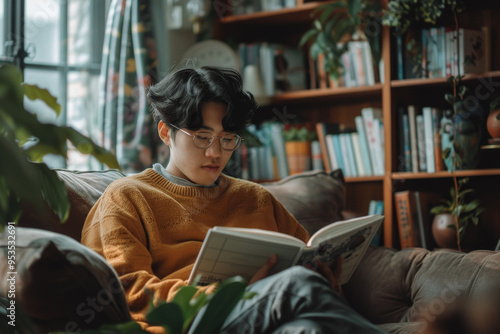 An Asian man reading a book in a cozy living room