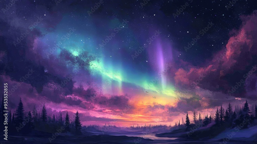 Vibrant aurora borealis night sky Vibrant aurora borealis night sky