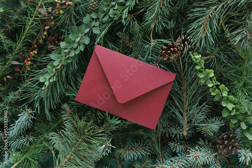 A burgundy envelope on a background of different branches of coniferous trees. The concept of a wish letter photo