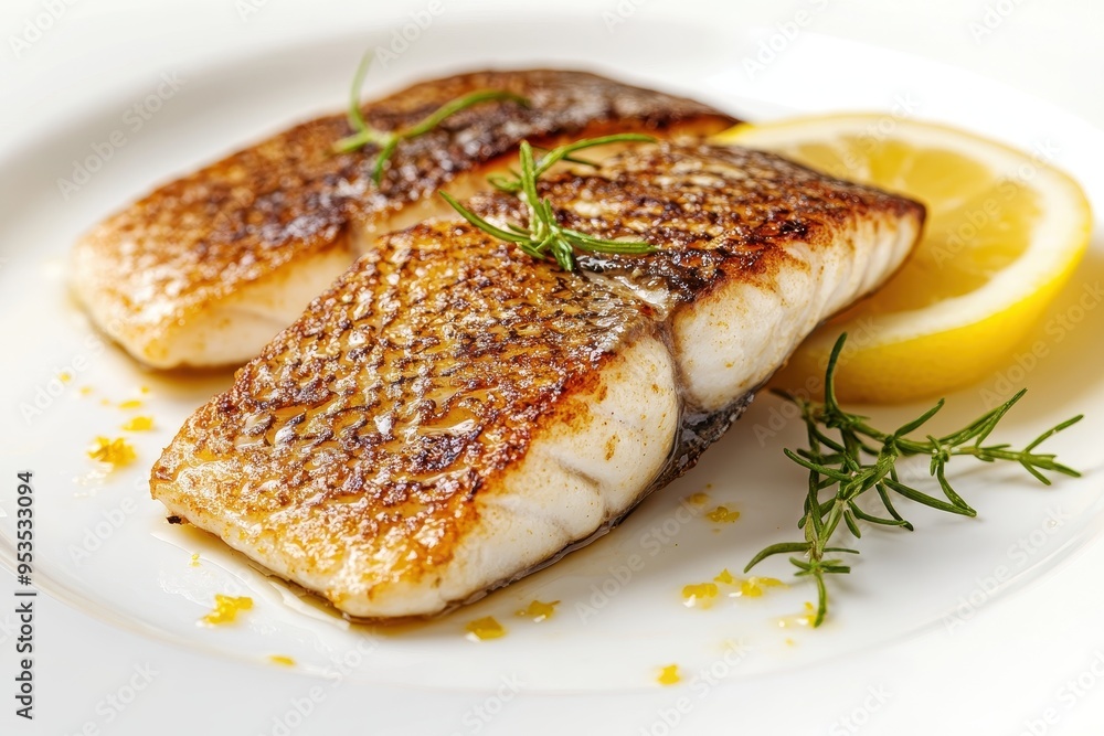 A piece of fish is served with parsley and lemon slices A piece of fish is served with parsley and lemon slices