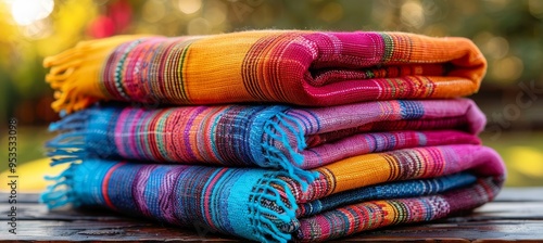 Vibrant striped blanket on rustic wooden table in sunlit forest, creating a serene outdoor scene