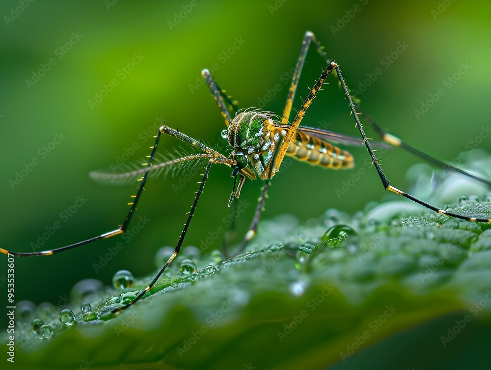 Stunning Close up of a Mosquito on a Vibrant Green Leaf with Intricate Details Stunning Close up of a Mosquito on a Vibrant Green Leaf with Intricate Details