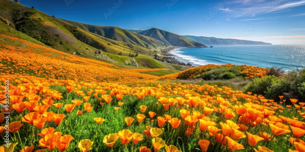 Vibrant California poppy field surrounded by lush greenery in Big Sur, California, USA, California, poppy, field, Big Sur Vibrant California poppy field surrounded by lush greenery in Big Sur, California, USA, California, poppy, field, Big Sur