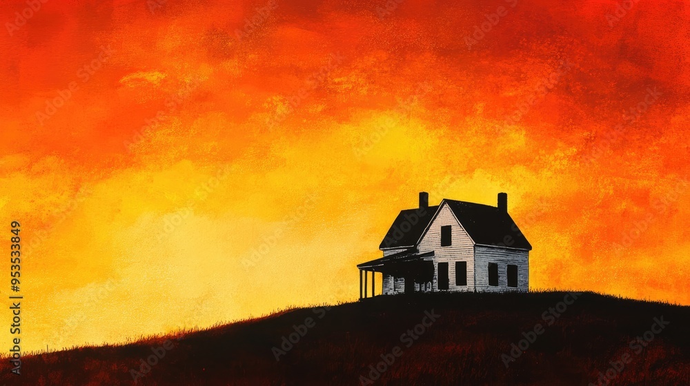 Isolated white farmhouse on a hill, silhouetted against a vibrant orange and red sunset sky Isolated white farmhouse on a hill, silhouetted against a vibrant orange and red sunset sky