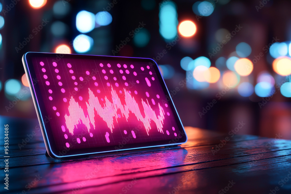 Vibrant sound wave visualization on tablet screen, surrounded by colorful bokeh lights, showcasing modern technology and audio design. Vibrant sound wave visualization on tablet screen, surrounded by colorful bokeh lights, showcasing modern technology and audio design.