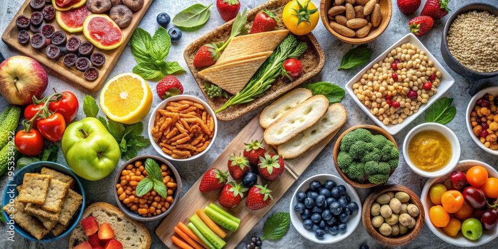 Top view of a variety of healthy snacks including fruits, vegetables, sandwiches, and nuts, school, snack box, fresh Top view of a variety of healthy snacks including fruits, vegetables, sandwiches, and nuts, school, snack box, fresh