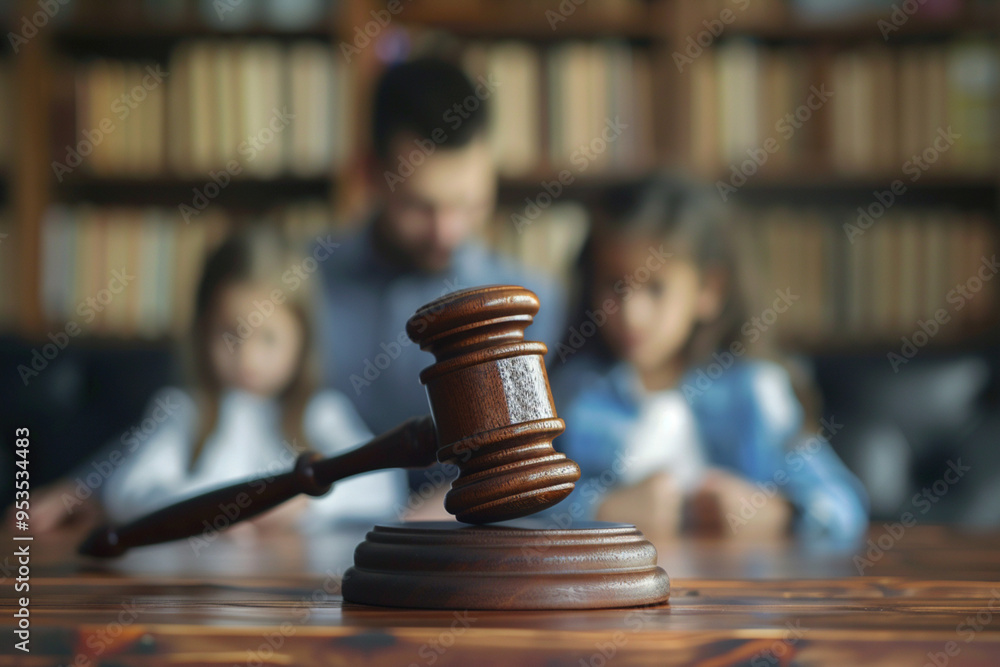 Wooden judge's gavel and family with children kids on background awaiting judge decision. Family law, family right judgement court justice legislation concept. Child-custody.
Wooden judge's gavel and family with children kids on background awaiting judge decision. Family law, family right judgement court justice legislation concept. Child-custody.