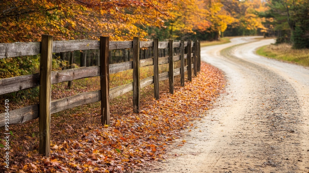 a country road with rustic wooden fence and fall leaves a country road with rustic wooden fence and fall leaves