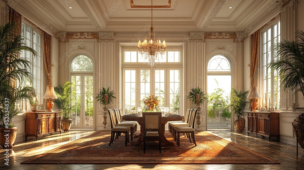 Classic dining room with an antique table, chandelier, and traditional design elements. Classic dining room with an antique table, chandelier, and traditional design elements.