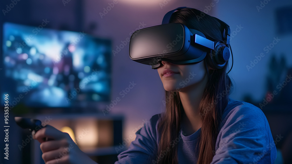 Woman Immersed in Virtual Reality Gaming at Home Woman Immersed in Virtual Reality Gaming at Home