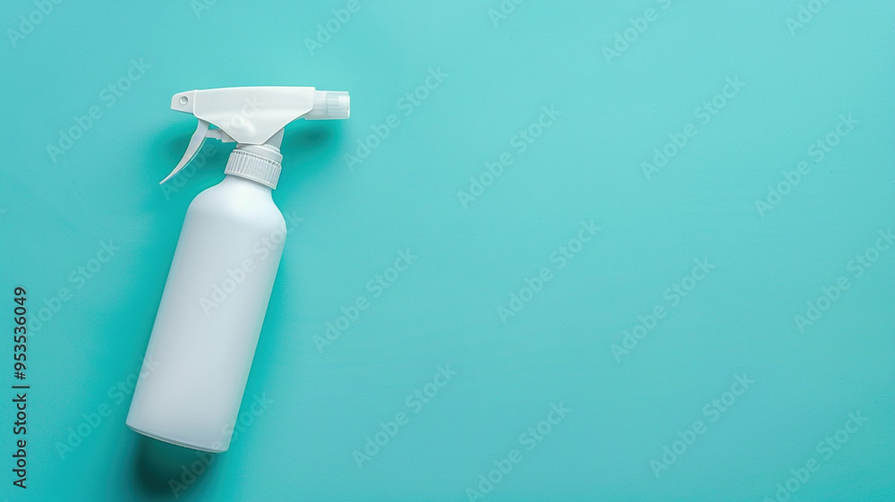 Transparent spray bottle on a blue background. Advertisement of cleaning company, clean house. Copy paste empty place for text Transparent spray bottle on a blue background. Advertisement of cleaning company, clean house. Copy paste empty place for text