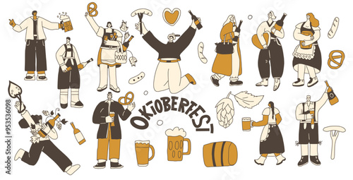 Set of Oktoberfest characters with lettering. Beer festive people kit. Vector hand drawn doodle collection illustration on white background.