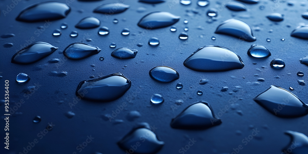 Water droplets on a dark blue surface create a visually striking pattern, reflecting light in an artistic arrangement Water droplets on a dark blue surface create a visually striking pattern, reflecting light in an artistic arrangement