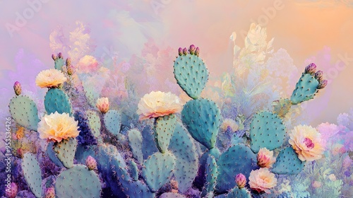 Prickly Pear Cactus in Bloom with Soft, Pastel Background photo