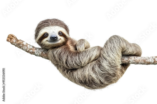 Playful sloth hanging on a tree branch, showcasing its characteristic slow movements isolated on PNG cutout background