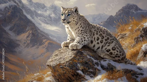 Fototapeta samoprzylepna A graceful snow leopard rests on a steep cliff amidst towering snow-capped mountains, reflecting the natural beauty and formidable strength of this elusive animal.