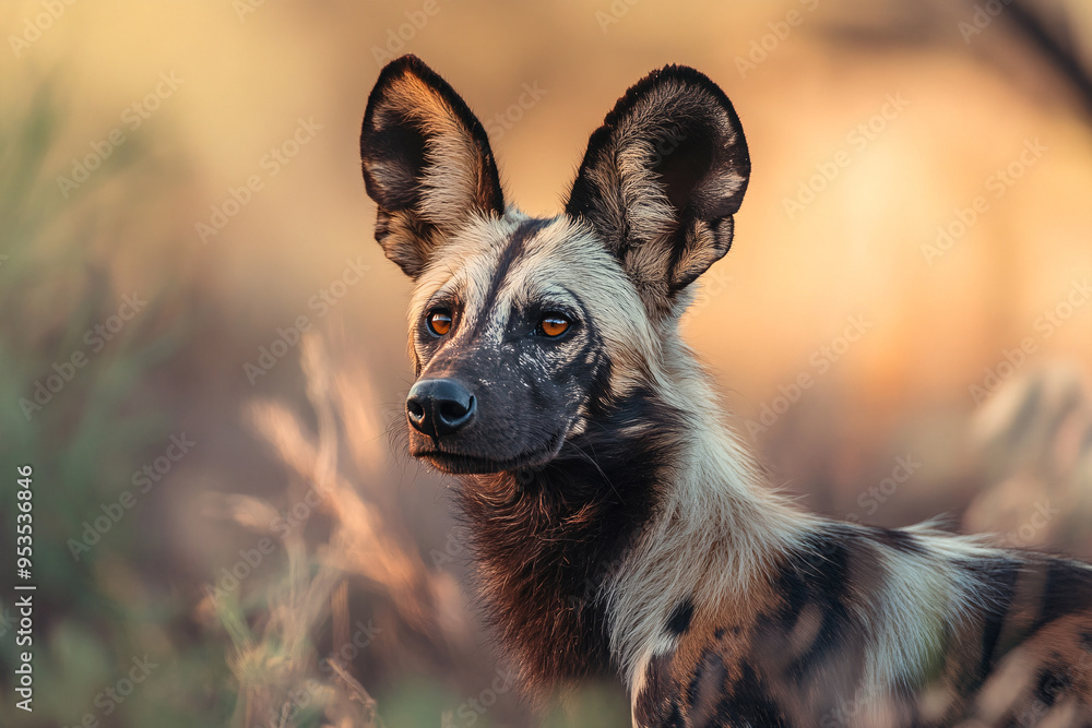 Φωτογραφία Portrait of African wild dog with large ears in fornt of blurry background
