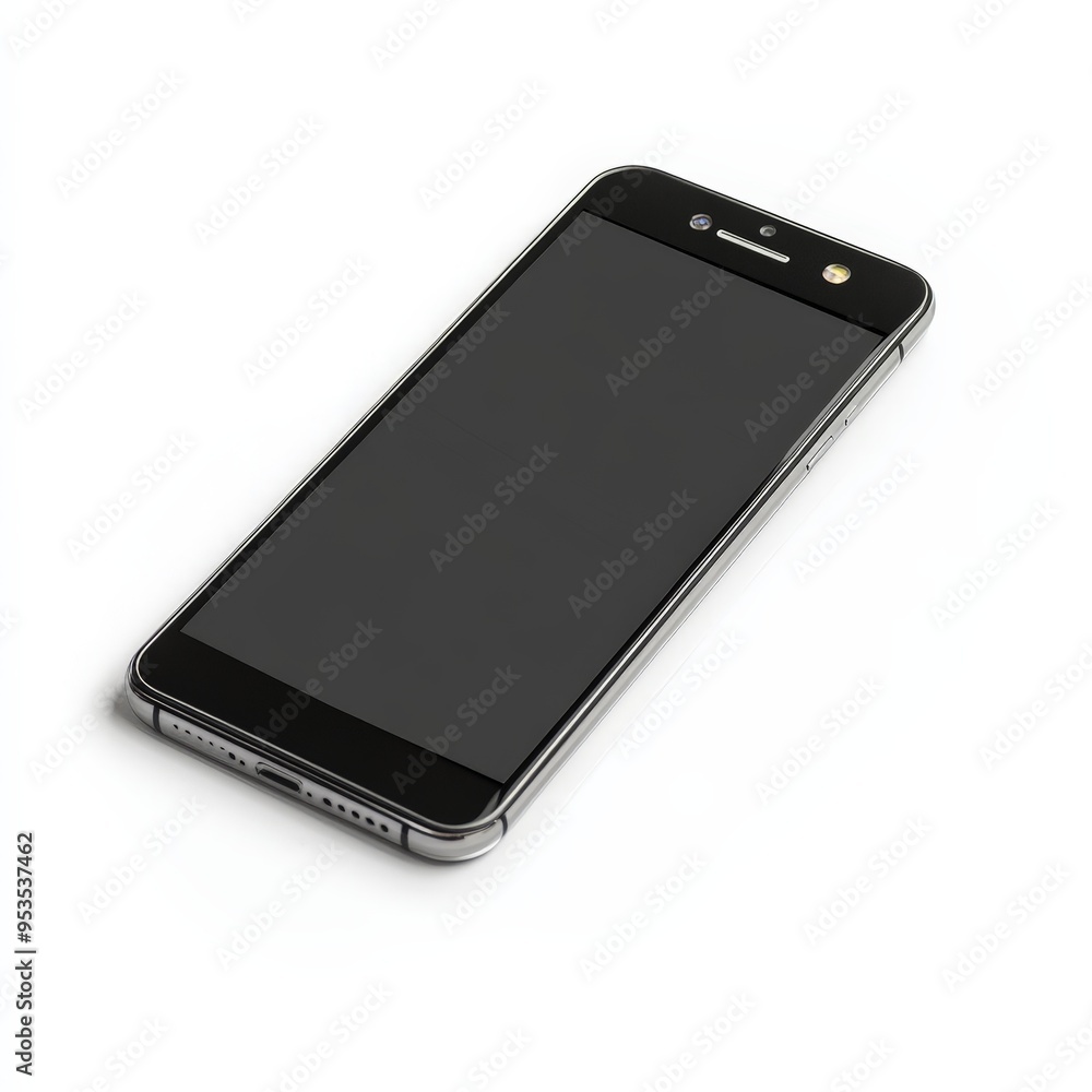 A black cell phone with a black screen sits on a white background A black cell phone with a black screen sits on a white background