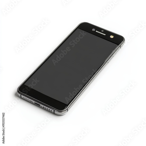 A black cell phone with a black screen sits on a white background