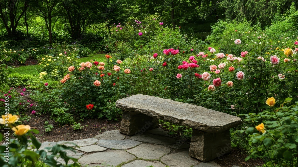 Beautiful Garden with Stone Bench Surrounded by Colorful Blooming Flowers and Lush Greenery Beautiful Garden with Stone Bench Surrounded by Colorful Blooming Flowers and Lush Greenery