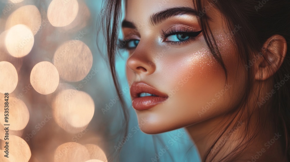 Woman in a chic outfit showcasing her glamorous makeup, including highlighter and blush, with a soft-focus background that complements her look. Woman in a chic outfit showcasing her glamorous makeup, including highlighter and blush, with a soft-focus background that complements her look.