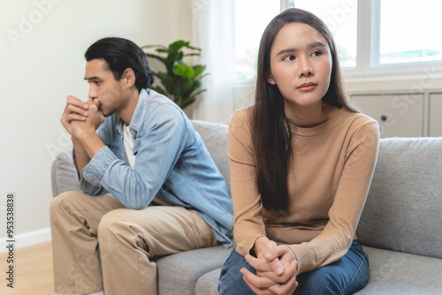 Breakup and depressed, asian young quarrel couple love fight relationship in trouble. Different people are emotion angry. Argue wife has expression upset with husband. Problem of family people.