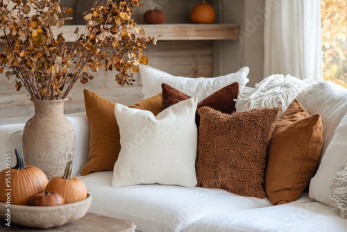 A cozy living room adorned with autumn decor and pumpkins in a warm, inviting atmosphere