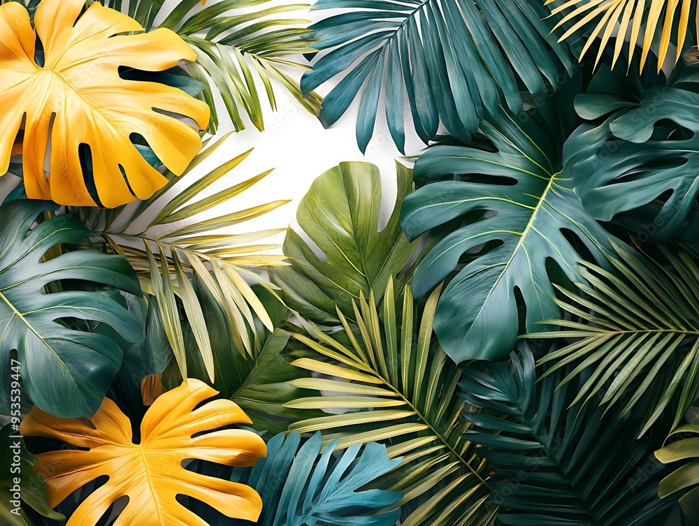 Tropical Leaves Background - Vibrant Green and Yellow Foliage with White Space Tropical Leaves Background - Vibrant Green and Yellow Foliage with White Space