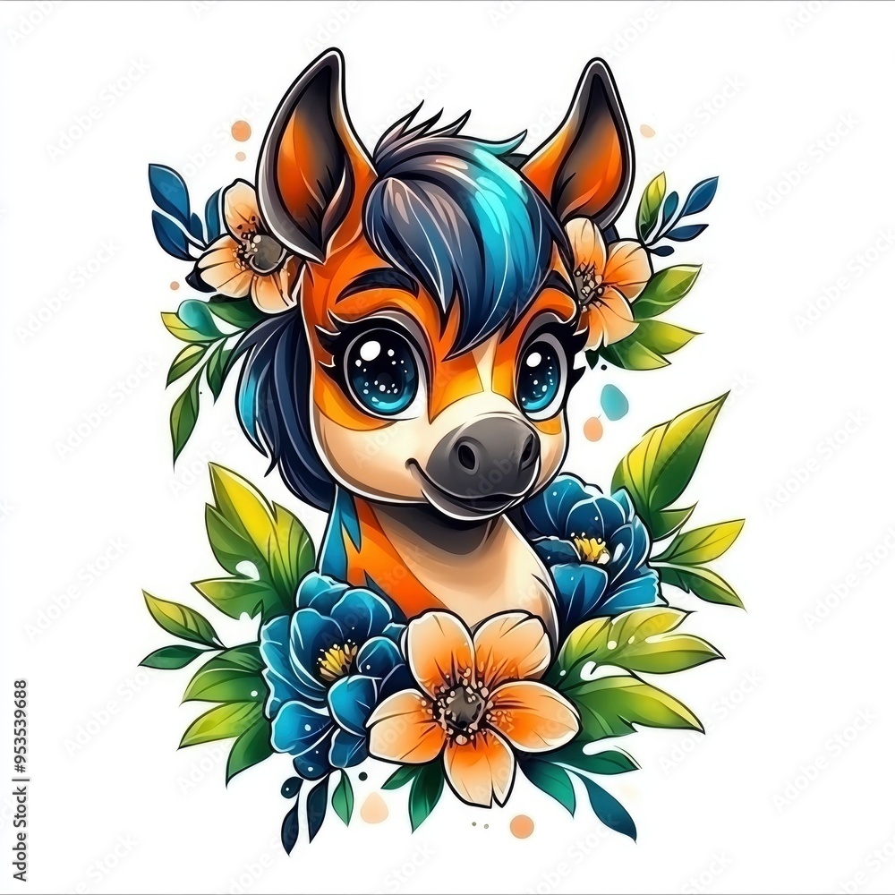 Fototapeta premium Cute Cartoon Okapi with Flowers