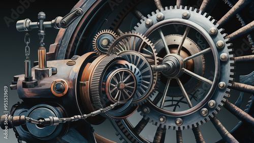 A detailed, high-quality image of a skeletal machine with gears, cogs, and chains. The machine is made of metal and has a rusted appearance. The background is dark.