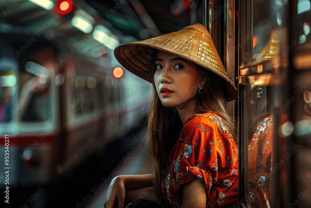 Woman in a Straw Hat on a Train Platform Woman in a Straw Hat on a Train Platform