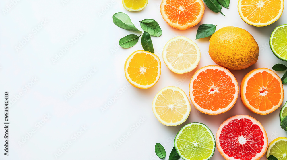 A bright and fresh assortment of sliced citrus fruits, including oranges, lemons, and limes, arranged on a white background. A bright and fresh assortment of sliced citrus fruits, including oranges, lemons, and limes, arranged on a white background.