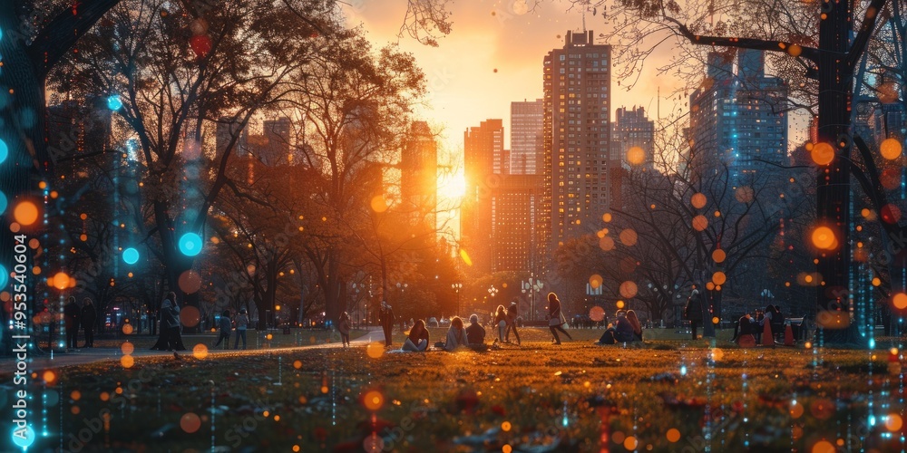 People enjoying a sunset in a city park with a futuristic digital overlay People enjoying a sunset in a city park with a futuristic digital overlay