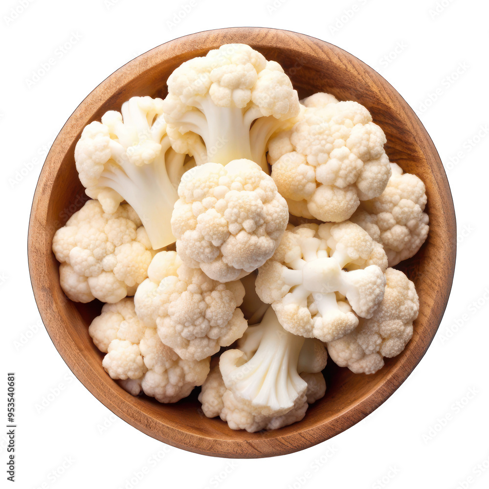 White cauliflower cut in pieces on wooden bowl top view isolated on transparent background White cauliflower cut in pieces on wooden bowl top view isolated on transparent background
