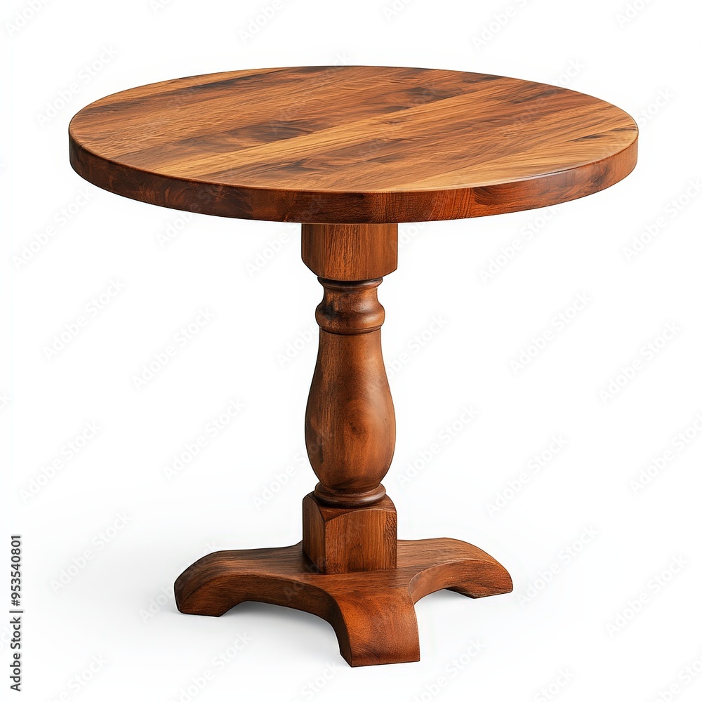 A wooden table with a round top and a wooden pole A wooden table with a round top and a wooden pole
