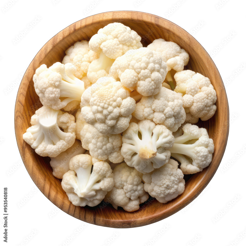 White cauliflower cut in pieces on wooden bowl top view isolated on transparent background White cauliflower cut in pieces on wooden bowl top view isolated on transparent background