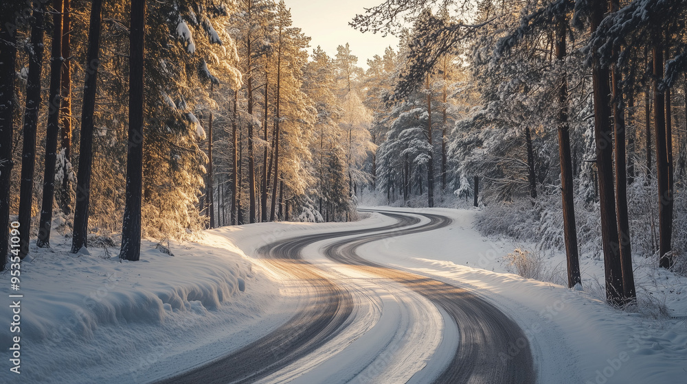 winter snowy road, winding road through snowy forest, tall trees with branches covered in ice, Ai generated images winter snowy road, winding road through snowy forest, tall trees with branches covered in ice, Ai generated images