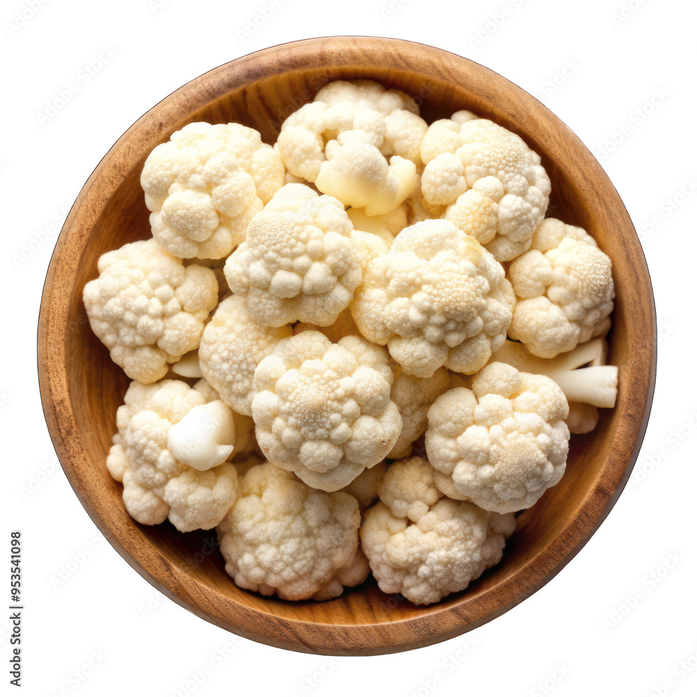 White cauliflower cut in pieces on wooden bowl top view isolated on transparent background White cauliflower cut in pieces on wooden bowl top view isolated on transparent background
