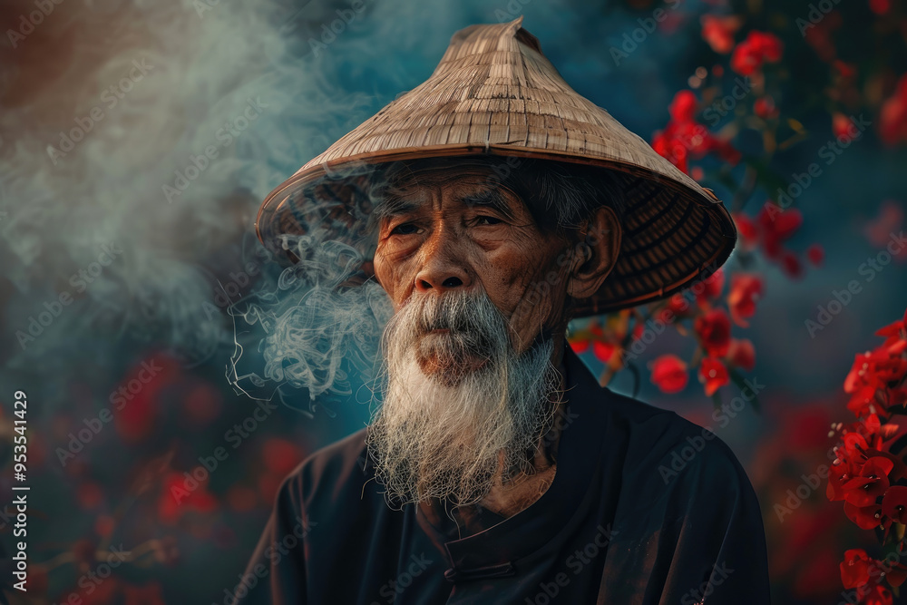 Elderly Man Smoking with a Straw Hat