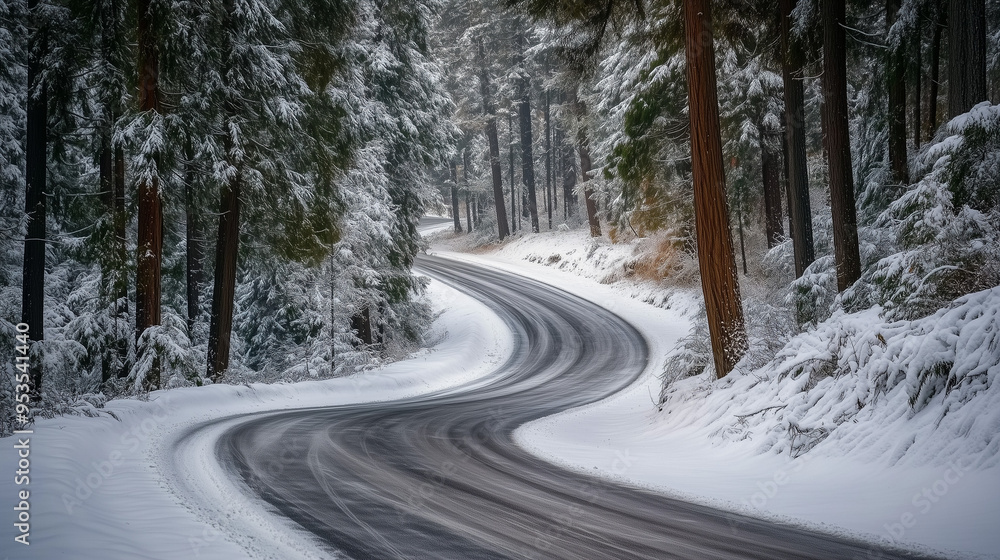 winter snowy road, winding road through snowy forest, tall trees with branches covered in ice, Ai generated images winter snowy road, winding road through snowy forest, tall trees with branches covered in ice, Ai generated images