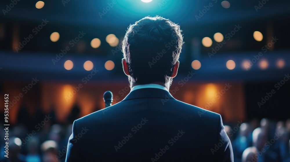 Professional business presentation viewed from behind a suited individual, audience attentively engaged Professional business presentation viewed from behind a suited individual, audience attentively engaged